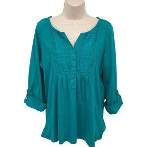 Charter Club Women's Blue Roll Tab Sleeves Pleated Pullover Blouse Top Size PL